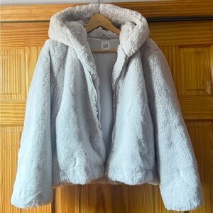 GAP Light Gray/Purple Hooded Faux Fur Jacket